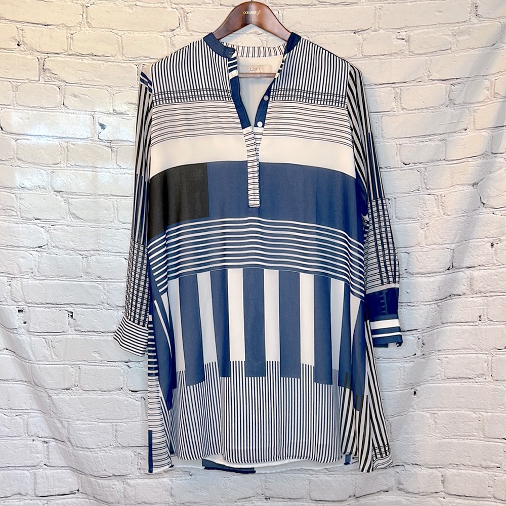 Loft Blue White Striped Collarless Quarter Button Lined Dress Size Small